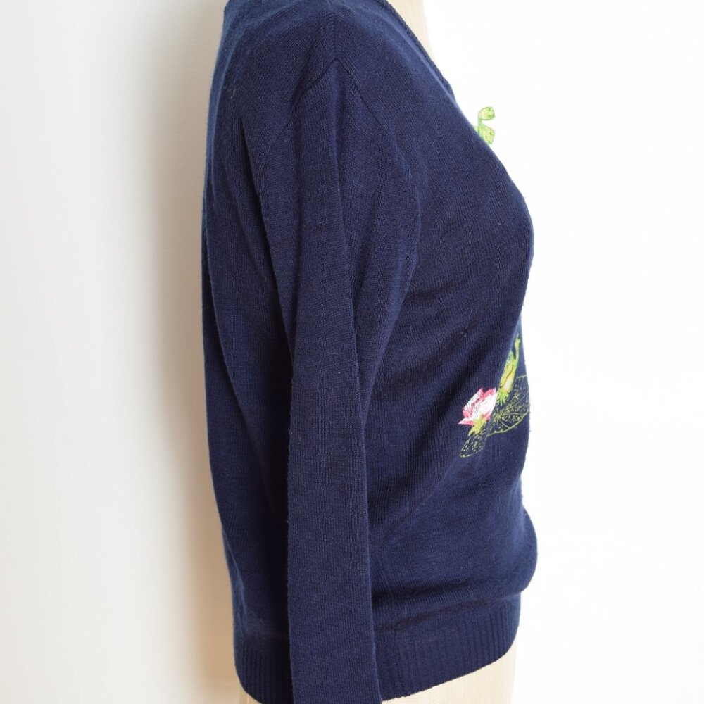 vintage 70s sweater navy embroidered FROGS Cyn Les Shirlee jumper top shirt M L - Picture 6 of 8